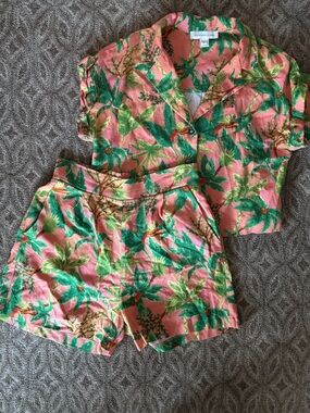 Monteau Pink Tropical Leaf High-Waist Shorts